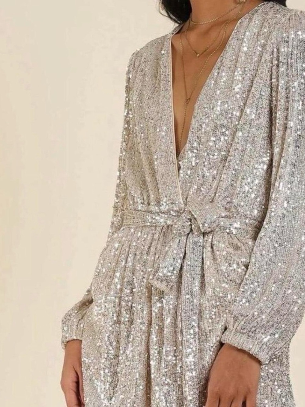 Zoey & Leelo Champagne Sequin Faux Wrap Dress Long Sleeve Cocktail Sparkly Mini